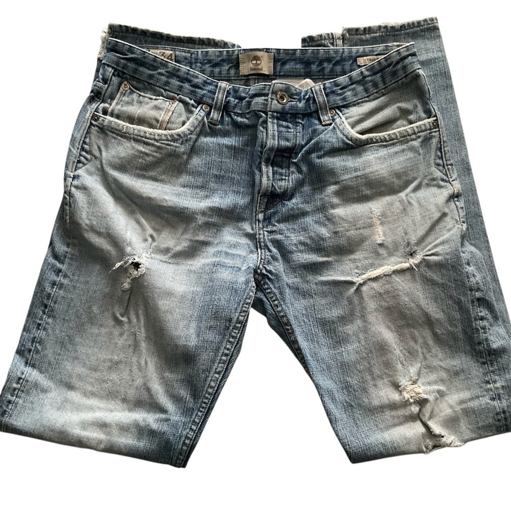 TIMBERLAND Straight Leg Jeans Selvedge Faded Blue Denim Button Fly Mens Size 34